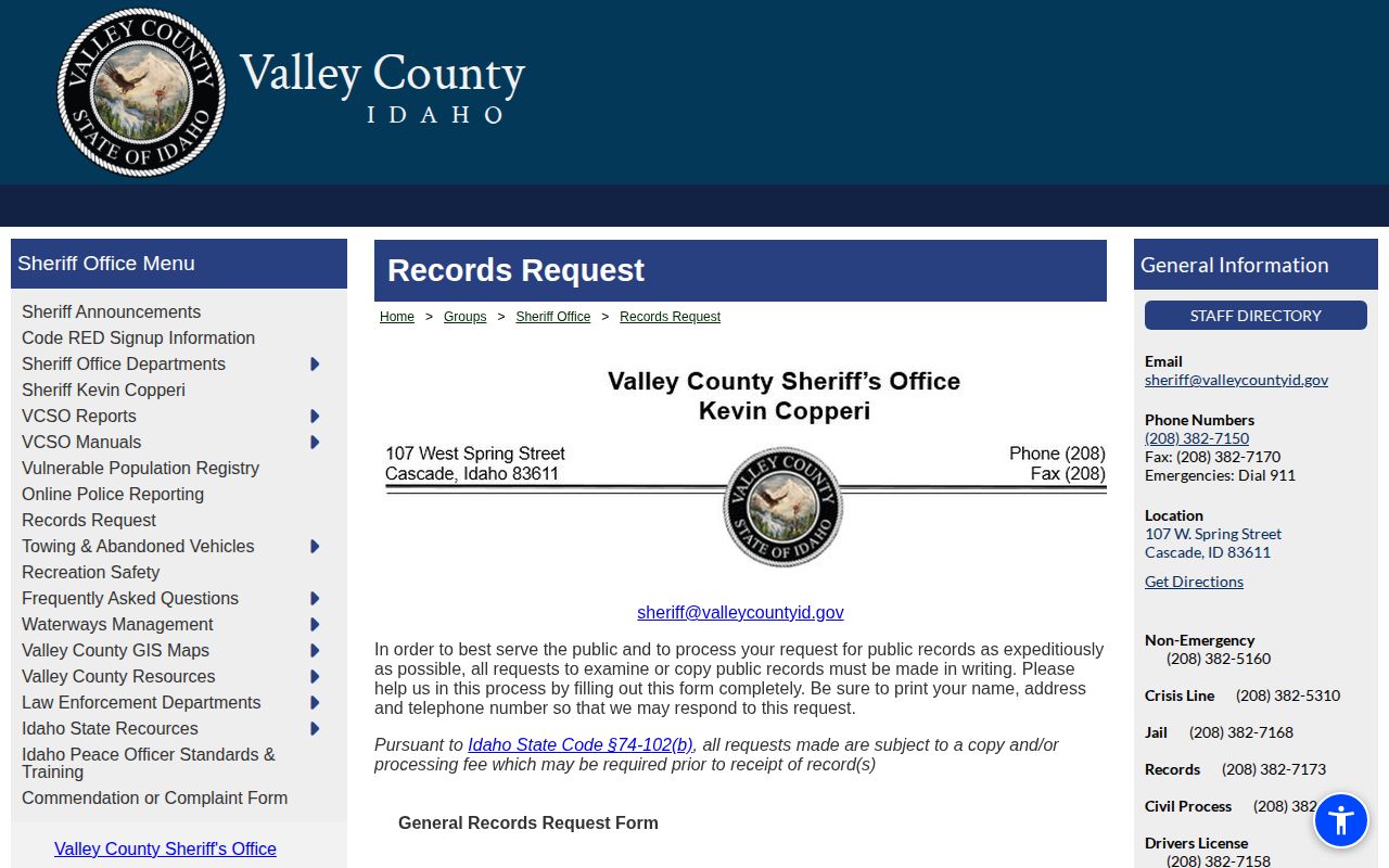 Valley County Sheriff public records request form