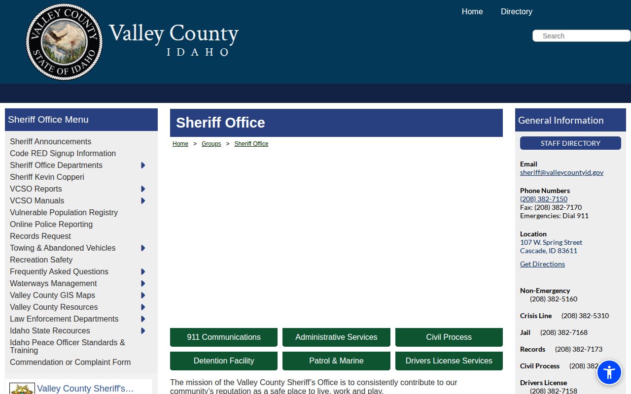 Official Valley County Sheriff contact page