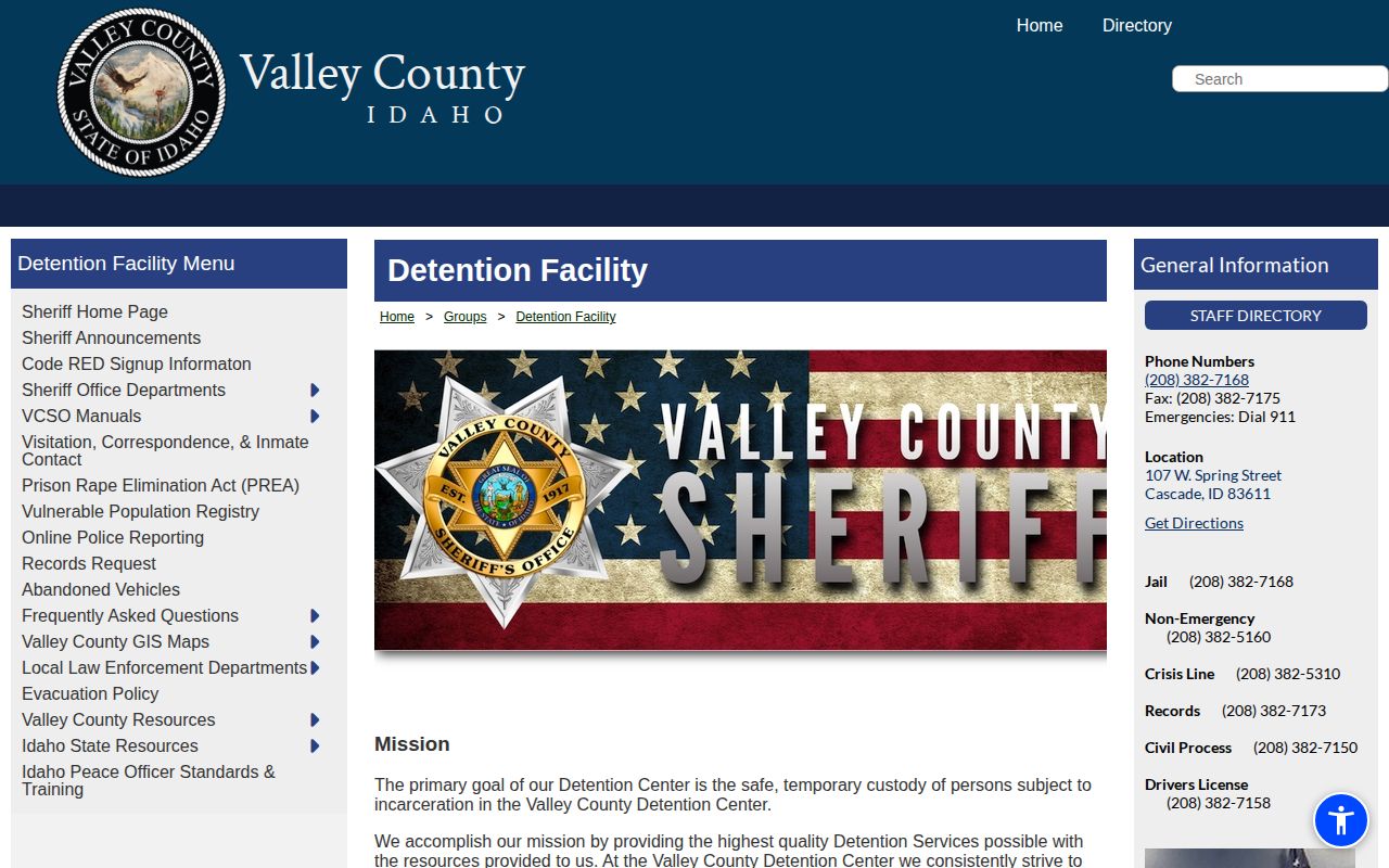 Valley County Detention Facility official contact webpage