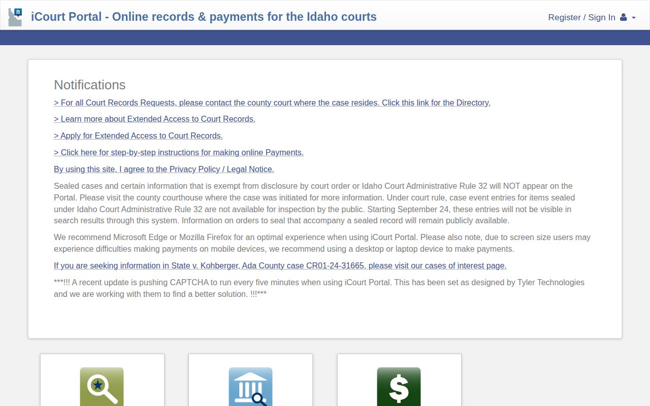 Idaho iCourt public case search interface