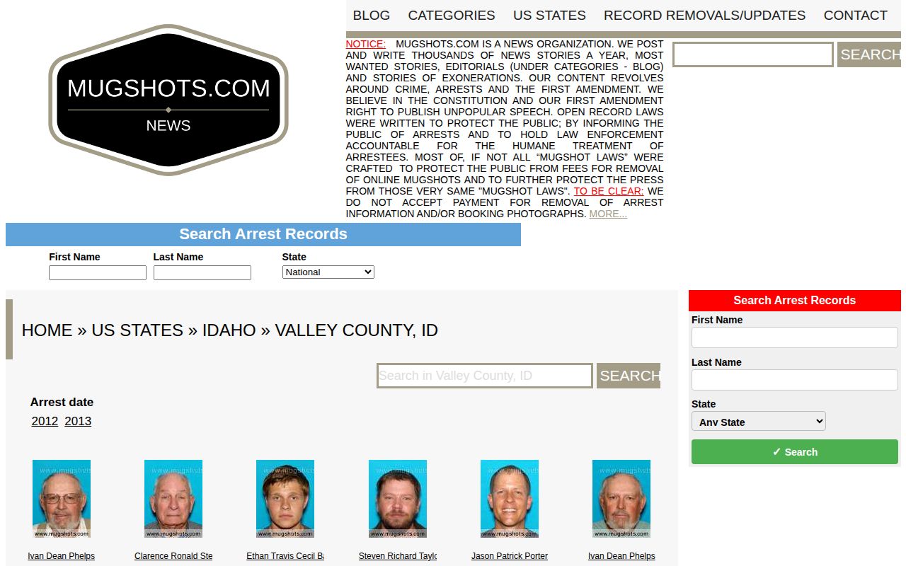 Unofficial Mugshots.com Valley County Idaho page