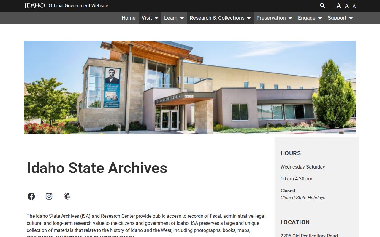 Idaho State Archives research page for historical government records